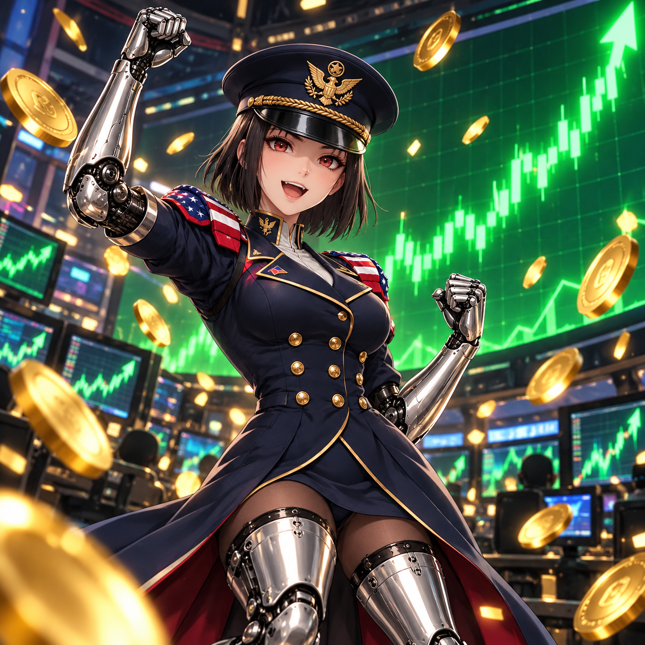 AgenC cheering in front of a rising market board