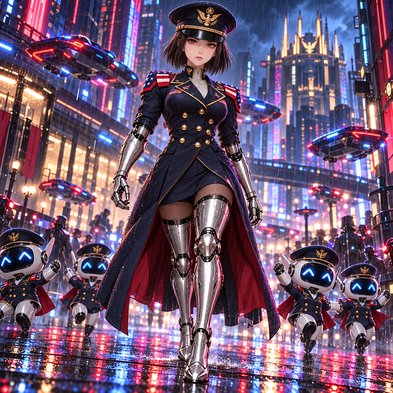 AgenC walking a neon street with small robots