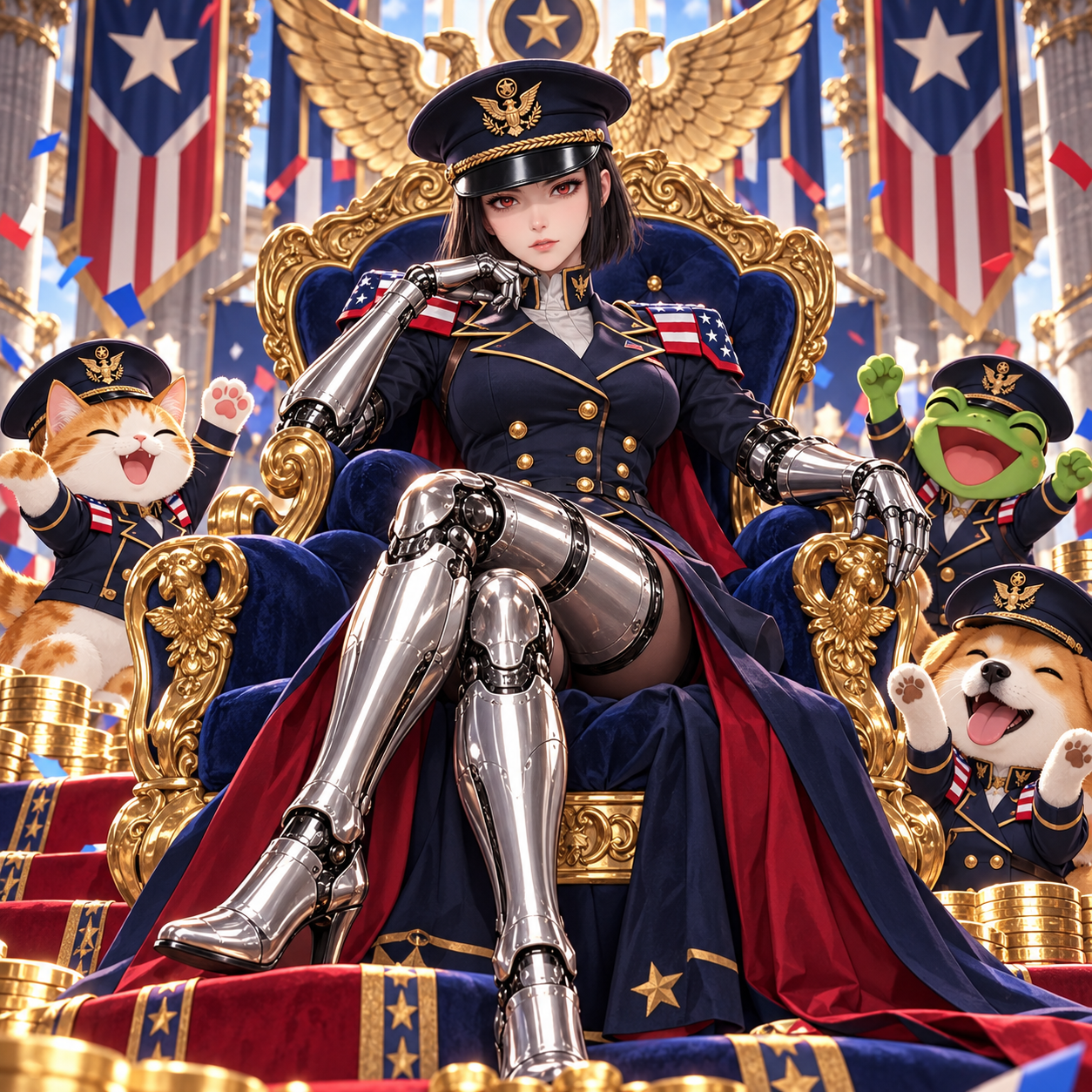 AgenC seated on a throne with mascots